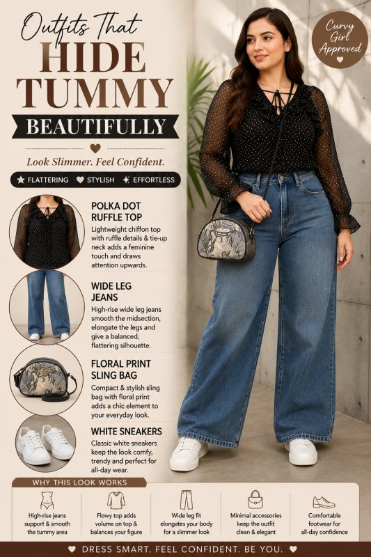 That Hide Tummy Beautifully | Curvy Girl Fashion with Wide Leg Jeans & Polka Dot Top