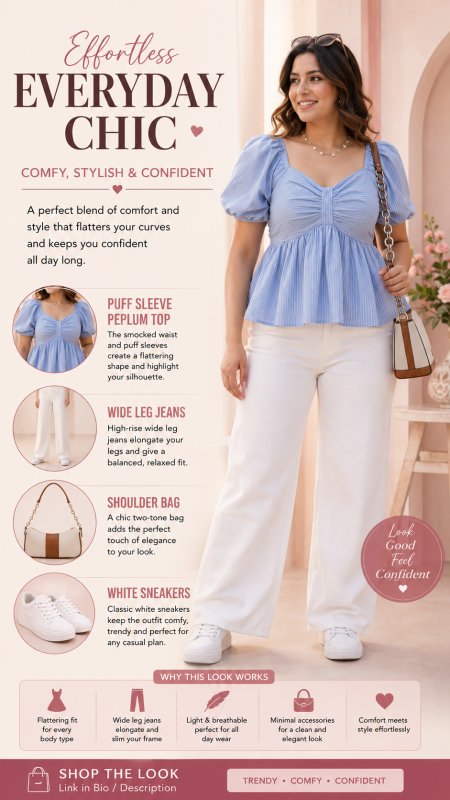 Casual Outfit Ideas, Wide Leg Jeans, Puff Sleeve Top, Curvy Style, College Outfit, Everyday Fashion, Chic Outfit