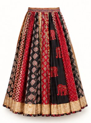 Black & Red Printed Navratri Flared Skirt