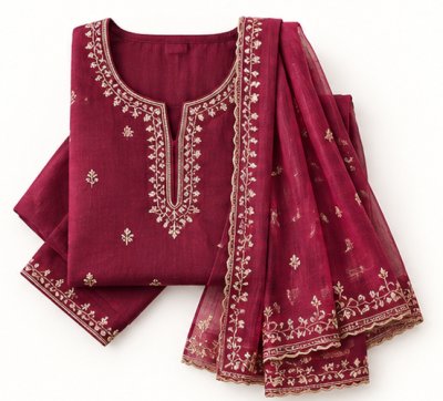 Embroidered Thread Work Kurta with Trousers & Dupatta